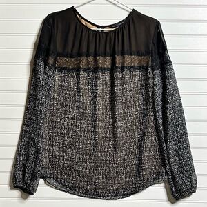 WHBM  LS Black Print Sheer Yoke Printed Blouse Womens sz 6 NWT $99